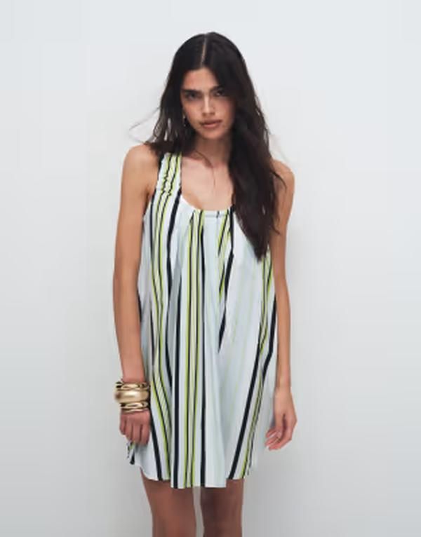 エイソス レディース トップス ワンピース ギャザー ミニ ASOS DESIGN ruched neck mini sundress in techy fabric stripe Blue Stripe ブルー