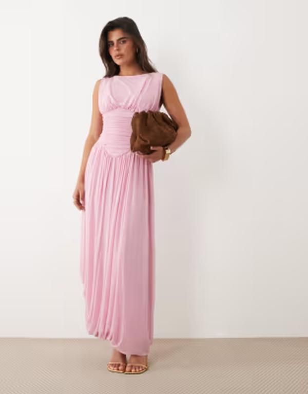 エイソス レディース トップス ワンピース アシンメトリー メッシュ マキシ ASOS DESIGN mesh slash neck asymmetric bubble hemaxi dress pink ピンク