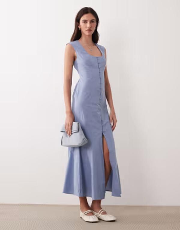 エイソス レディース トップス ワンピース ボタンダウン ミディ ダウン デニム ASOS DESIGN square neck button down midi sundress in denim Blue デニム