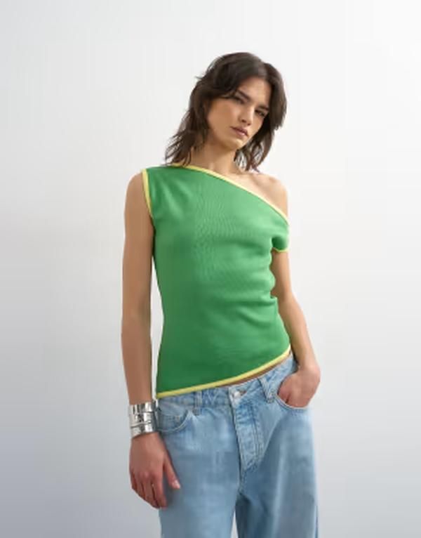 トップショップ レディース トップス ベスト アシンメトリー ニット Topshop knit asymmetric off shoulder top GREEN グリーン