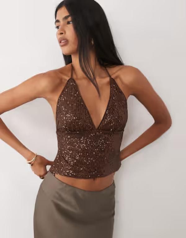 エイソス レディース トップス シャツ 背中開き スパンコール ホルター ASOS DESIGN sequin backless halter neck top in chocolate チョコレート