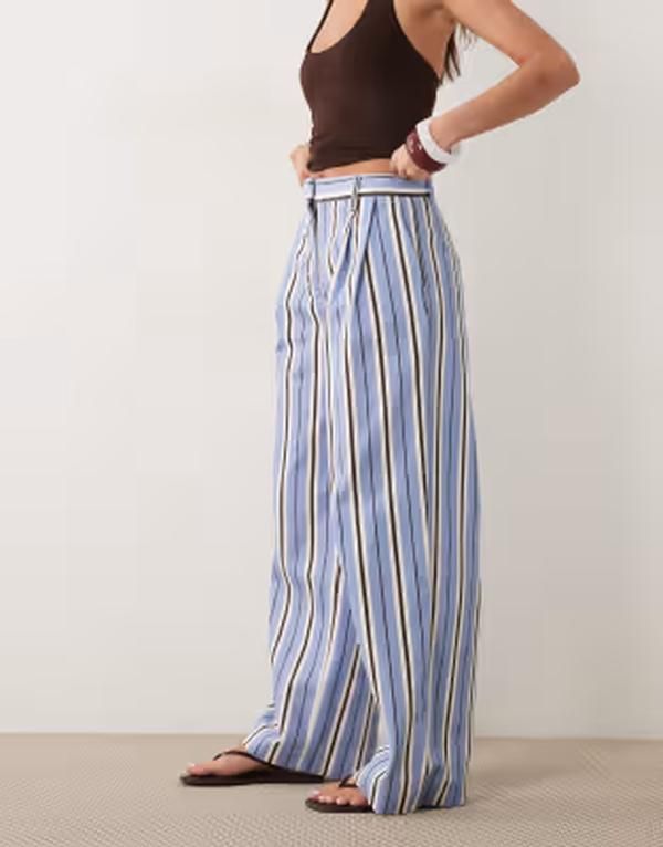 マンゴ レディース ボトムス カジュアルパンツ コットン Mango 100 cotton baggy pantstripes BLUE ブルー