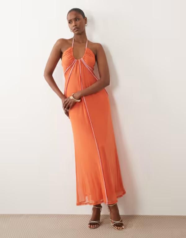 エイソス レディース トップス ワンピース メッシュ マキシ ホルター ASOS DESIGN scoop halterneck mesh maxi dress in orange オレンジ