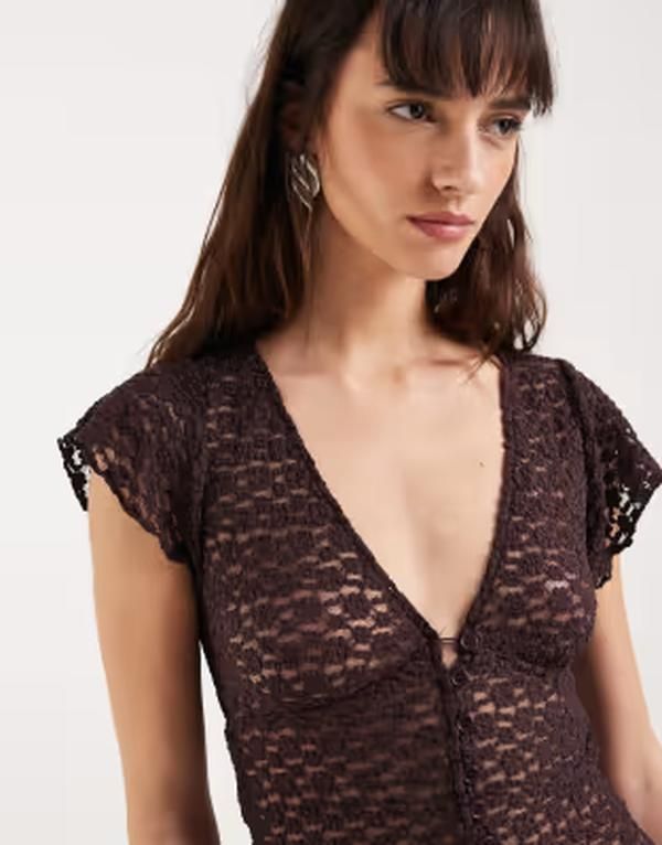 モーテル レディース トップス シャツ Vネック レース Motel Yeslin vneck button up lace top in dark plum プラム