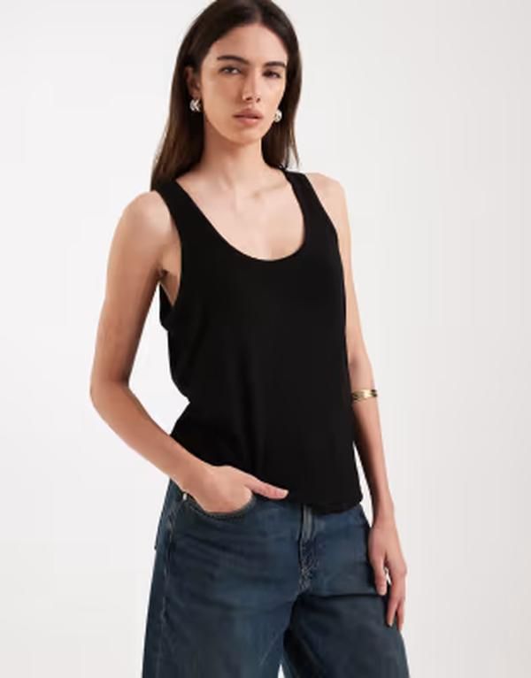 エイソス レディース トップス ベスト シアー ASOS DESIGN sheer loose fit scoop neck tank top Black ブラック