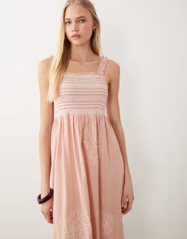 アクセサライズ レディース トップス ワンピース 刺繍 マキシ Accessorizembroidered maxi beach dress with frill straps PINK ピンク