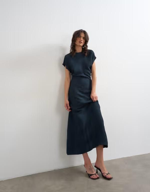 トップショップ レディース トップス ワンピース ドロップショルダー マキシ Topshop drop shoulder blouson waist crinkle maxi dress Navy ネイビー