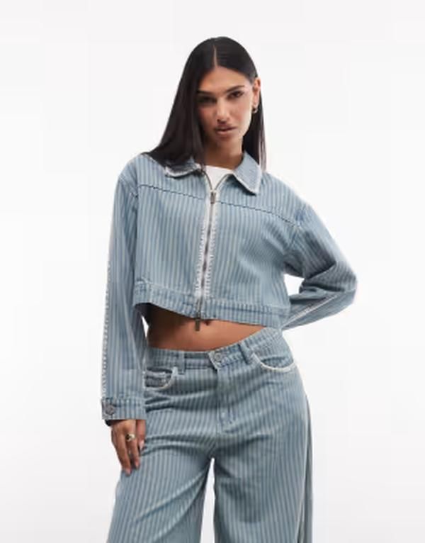 リキュールアンドポーカー レディース アウター ジャケット・ブルゾン デニム Liquor N Poker boxy pinstripe denim jacket with embroidery detail part of a set MBLUE デニム