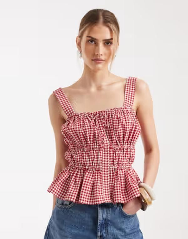 エイソス レディース トップス シャツ ギンガムチェック ギャザー ギンガム ASOS DESIGN cami top with ruchedetailing and bows gingham Red Gingham レッド
