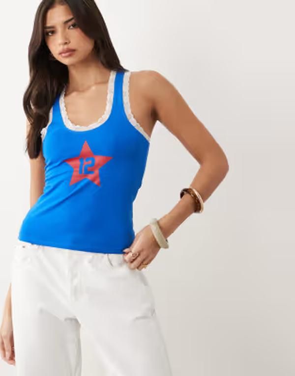エイソス レディース トップス Tシャツ プリント レース グラフィック ASOS DESIGN scoop lace hem tank top with 12 graphic print in cobalt PRINT コバルト