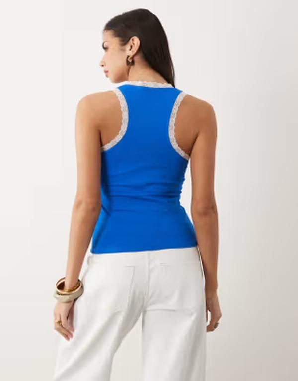 エイソス レディース トップス Tシャツ プリント レース グラフィック ASOS DESIGN scoop lace hem tank top with 12 graphic print in cobalt PRINT コバルト