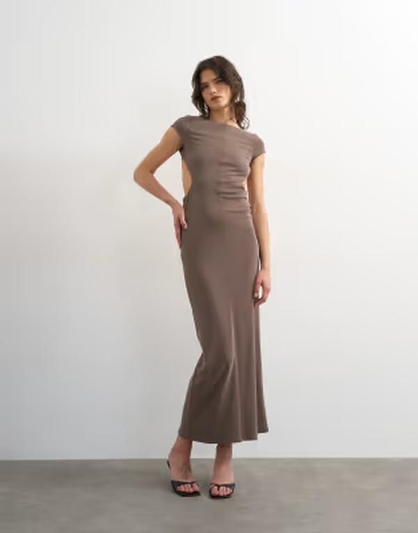 トップショップ レディース トップス ワンピース カットアウト マキシ Topshop softouch double layer cupro cut out maxi Khaki カーキ