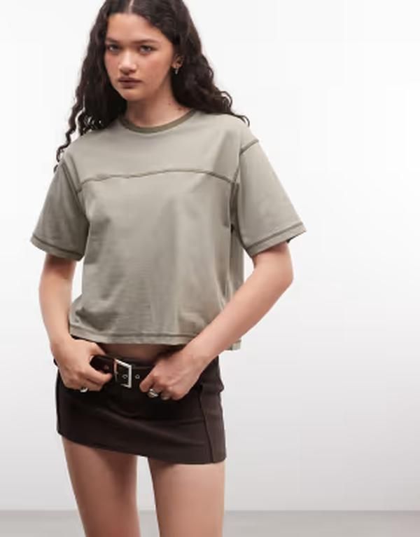 コルージョン レディース トップス Tシャツ COLLUSION boxy seam detail tee BROWN ブラウン