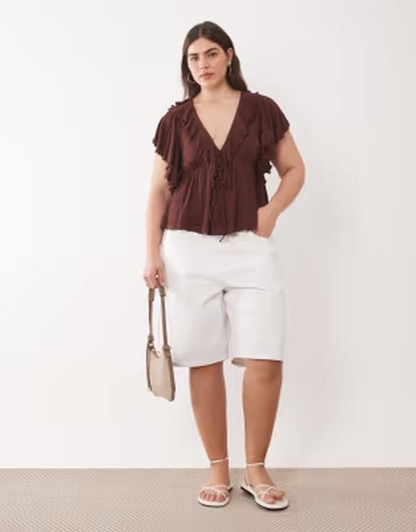 エイソス レディース トップス シャツ フリル ASOS Curve ASOS DESIGN Curve crinkle plunge ruffle flutter sleeve top in chocolate チョコレート