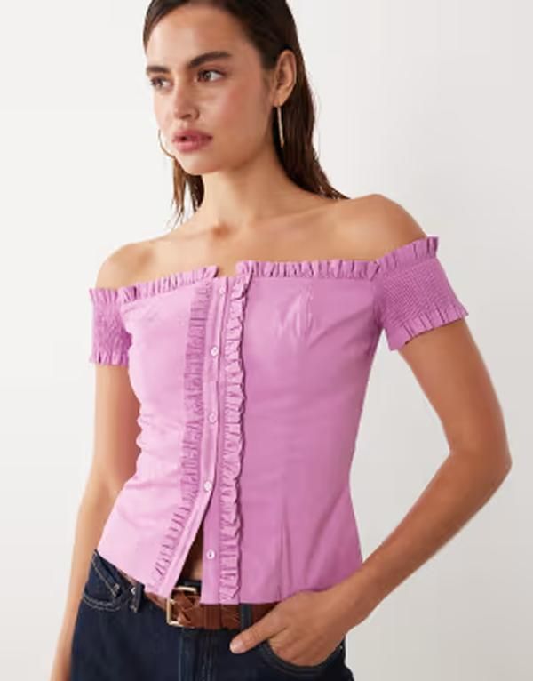 マンゴ レディース トップス シャツ フリル ブラウス Mango starring Hailey Bieberuffle detail off shoulder blouse PINK ピンク