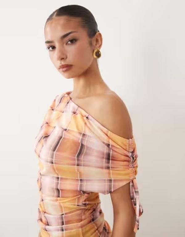 エイソス レディース トップス シャツ ウエストマーク プリント ギャザー メッシュ ASOS DESIGN printed mesh ruched shoulder cinched waistop check part of a set Orange che