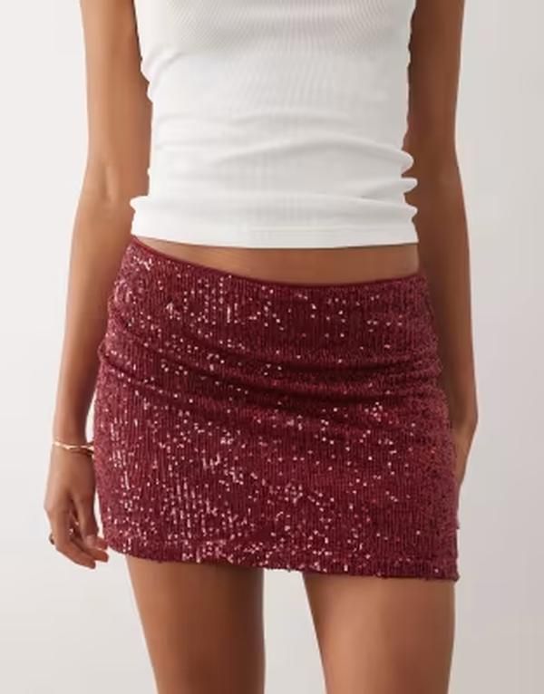 エイソス レディース ボトムスカート ミニ スパンコール ASOS DESIGN sequin mini skirt in berry