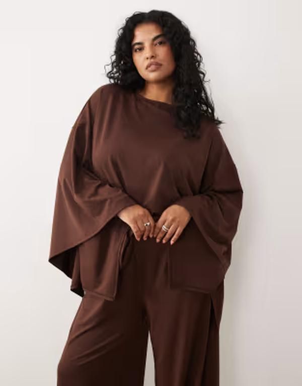 エイソス レディース トップス Tシャツ ケープデザイン キャップ ケープ ASOS Curve ASOS DESIGN Curve cape style top part of a set BROWN ブラウン