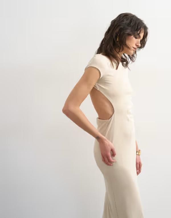 トップショップ レディース トップス ワンピース カットアウト マキシ Topshop softouch double layer cupro cut out maxi Beige ベージュ
