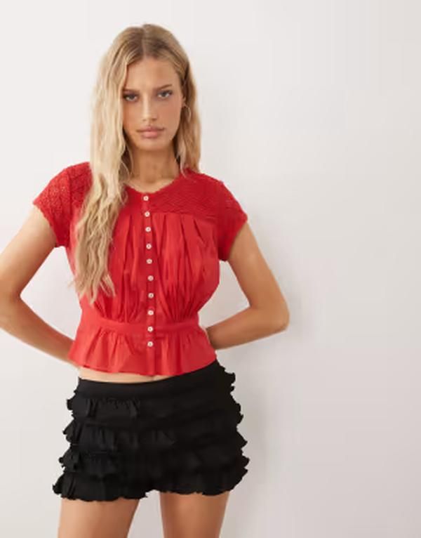 フリーピープル レディース トップス シャツ ボタンダウン 刺繍 Free People button down embroidered short sleeve top High risk red レッド