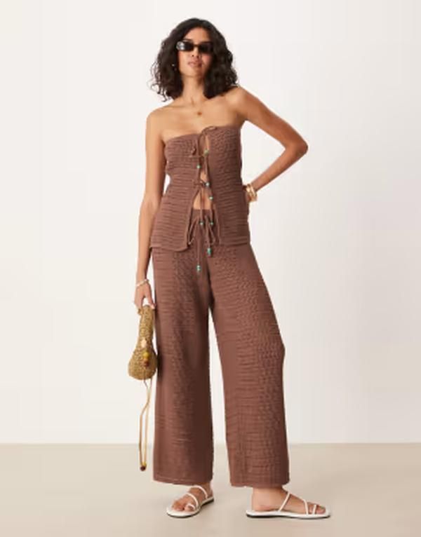 エイソス レディース ボトムス カジュアルパンツ ニット ASOS DESIGN knit pants with turquoise beads part of a set Mocha モカ