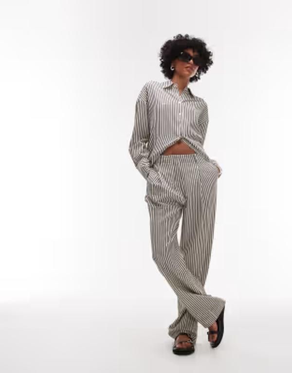 マンゴ レディース ボトムス カジュアルパンツ Mango elasticated waistaight leg stripe pants in mono stripe part of a set Black ブラック