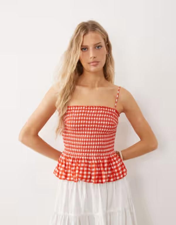 フリーピープル レディース トップス シャツ ギンガムチェック ギンガム Free People sundance shirred strappy top gingham Red combo レッド