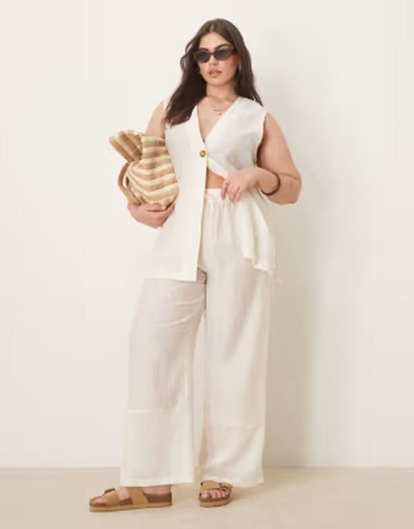 エイソス レディース ボトムス カジュアルパンツ ワイドレッグ シアー ASOS Curve ASOS DESIGN Curve sheer textured wide leg pants part of a set Off white オフホワイト