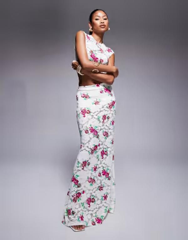 エーエフアールエム レディース ボトムスカート フラワー柄 レース マキシ フラワー AFRM crochet lace maxi skirt in rose floral part of a set Romance Rose