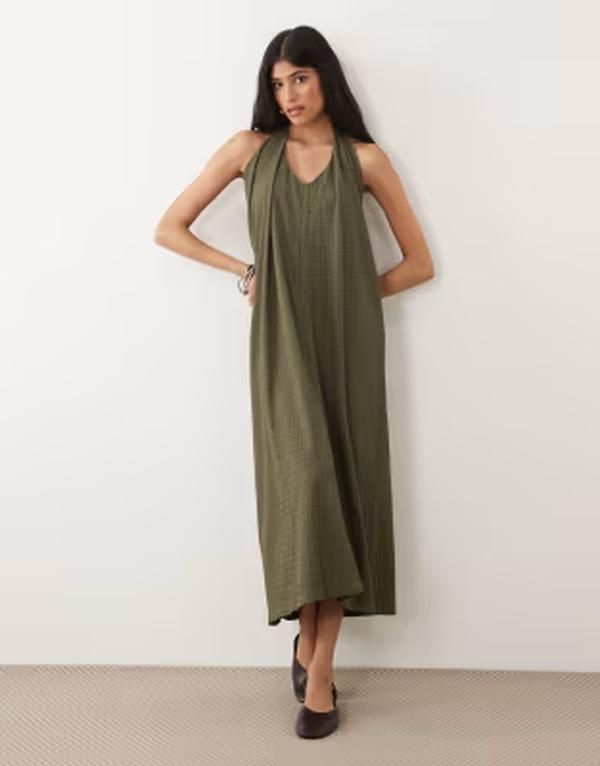 エイソス レディース トップス ワンピース ミディ ASOS DESIGN one shoulder textured midi sundress Khaki カーキ