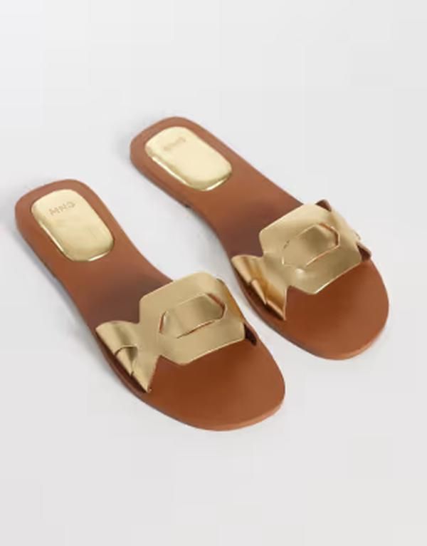 マンゴ レディース シューズ サンダル Tシャツ Mango Teen slides GOLD ゴールド