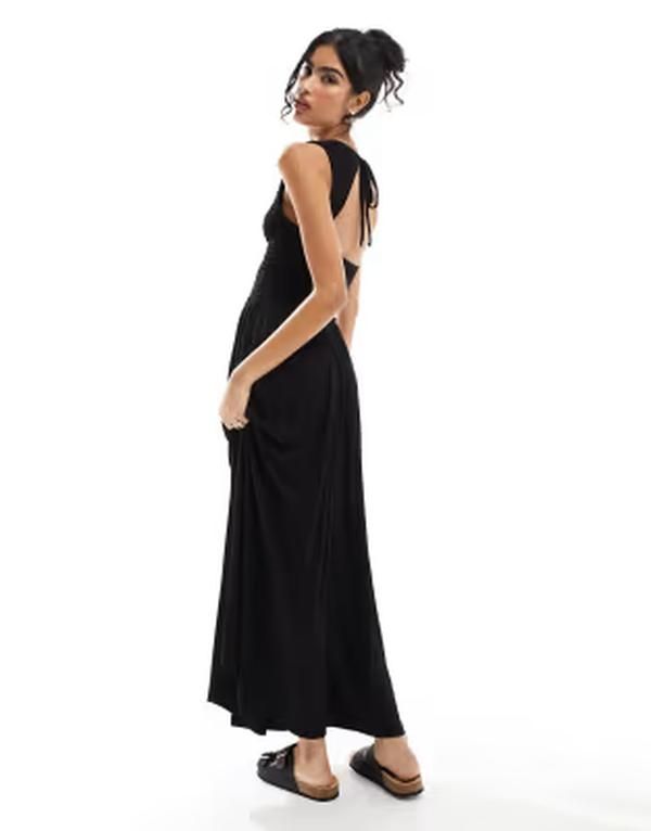 エイソス レディース トップス ワンピース オープンバック マキシ ASOS DESIGN crinkle shirred bodice maxi dress with open back Black ブラック