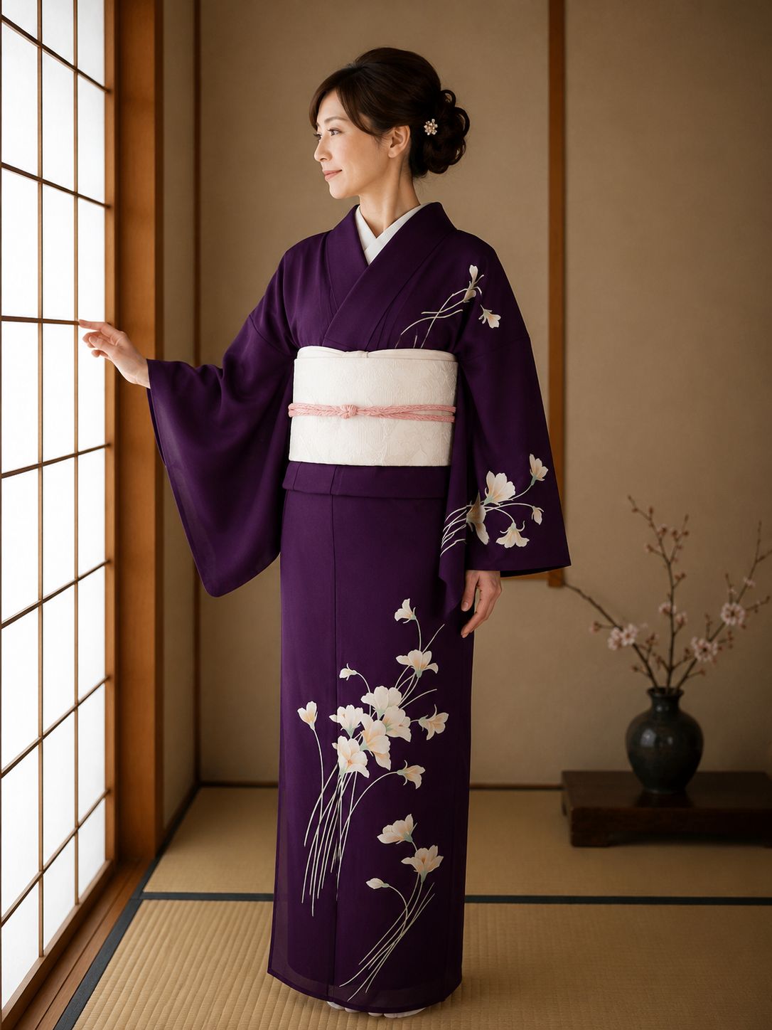 本紫に咲く花意匠 駒絽 正絹 夏着物 附け下げ 訪問着 涼感逸品 - メルカリ