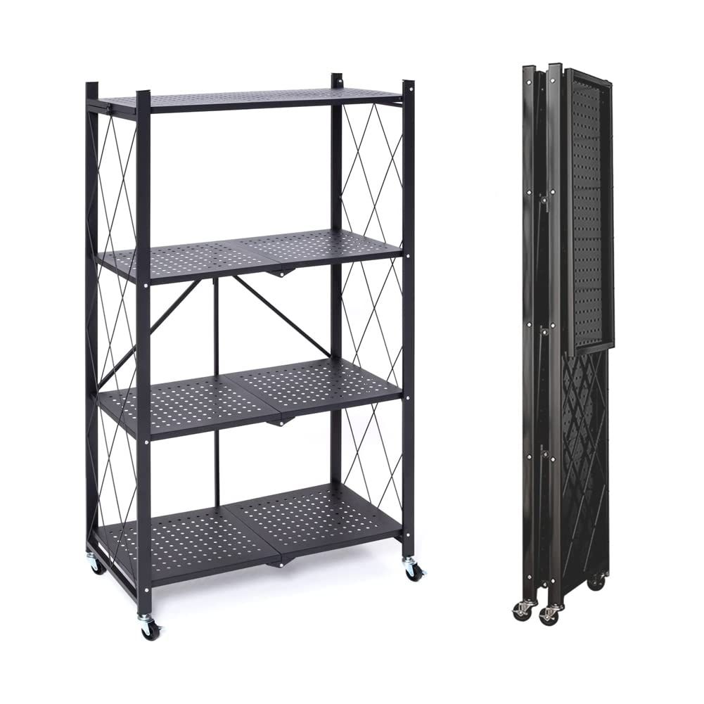 新品 JOOHY スチールラック 収納ラック キャスター付き メタルラック 折りたたみ式 オープンラック 4段 幅70×奥行34×高さ127cm キッチンラック シェルフ 食器棚 移動便利 大容量 組立簡単 広げるだけで使える （ブラック）