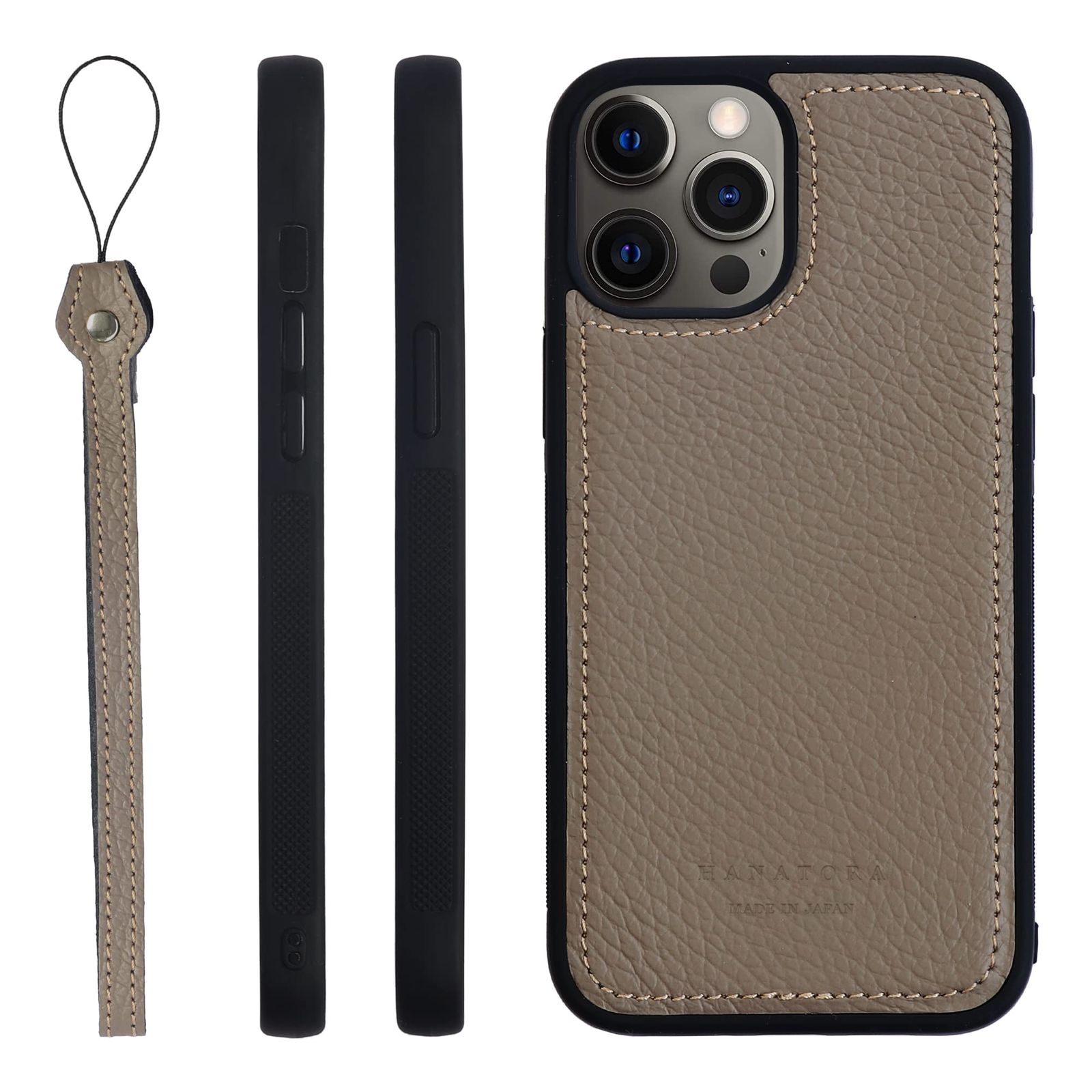新品 HANATORA for iPhone 12ProMax ケース 本革 日本製 耐衝撃 スマホケース スマホ ストラップ 付き シュリンクカーフレザー ギフト マグネットなし グレージュ SPGJP-12ProMax-Grege
