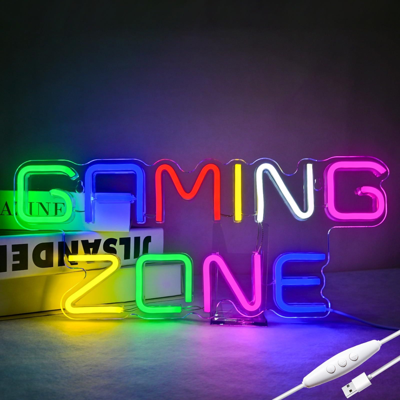 Gaming Zoneネオンサイン LED ネオンライト USB給電 ネオンサイン 40cm x17cm 多階段調光可 調光機能付き ゲーム実況背景用 USB給電 配線不要 ゲーミングチェア周辺装飾 国内発送 35dab467