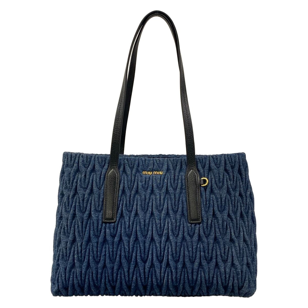 miumiu(ミュウミュウ) トートバッグ マテラッセ 5BG029 ブルー×黒 ギャザーバッグ レザー