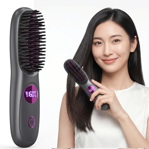 コードレスヒートブラシブラシ型ヘアアイロン 2way ストレート & カール 3 段階温度調整 160?200℃ Type-C ストレートレディース充電式 急速加熱 コンパクト軽量コードレスヘアアイロン寝癖直し くせ毛補正 前髪セット 簡単ス 11edbdfc