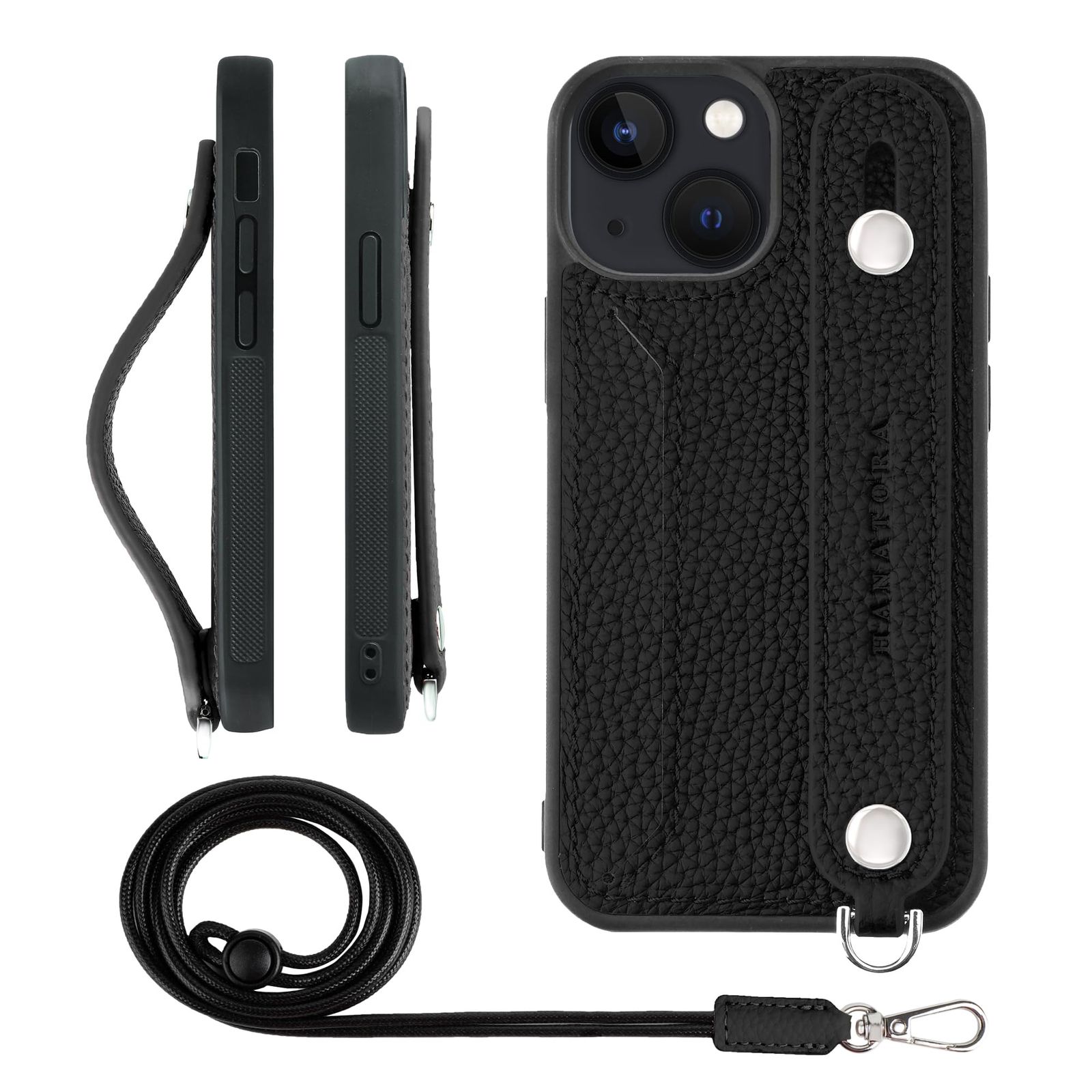 新品 HANATORA for iPhone 13mini ケース 本革 耐衝撃 背面ベルト ストラップリング スマホケース スマホ スタンド機能 ネックストラップ 付き カードポケット シュリンクレザー ギフト ブラック CGHGZ-13mini-Black