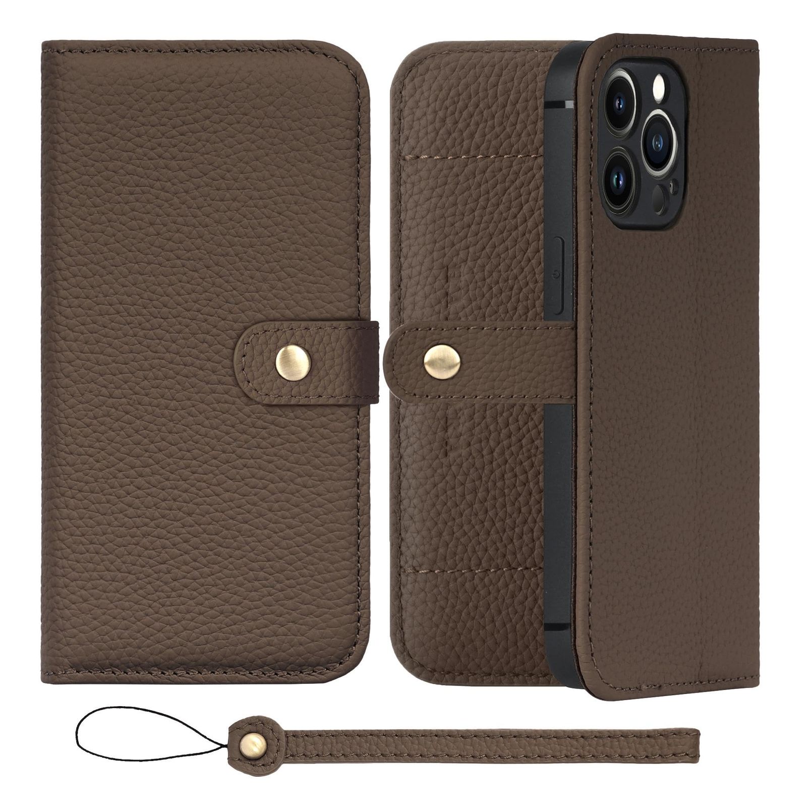 新品 HANATORA for iPhone 13Pro ケース 手帳型 本革 スマホケース スマホ スタンド ストラップ 付き シュリンクカーフレザー ベルトあり マグネットなし トープ H1SPB-13Pro-Taupe ギフト 誕生日 女性 男性 彼女