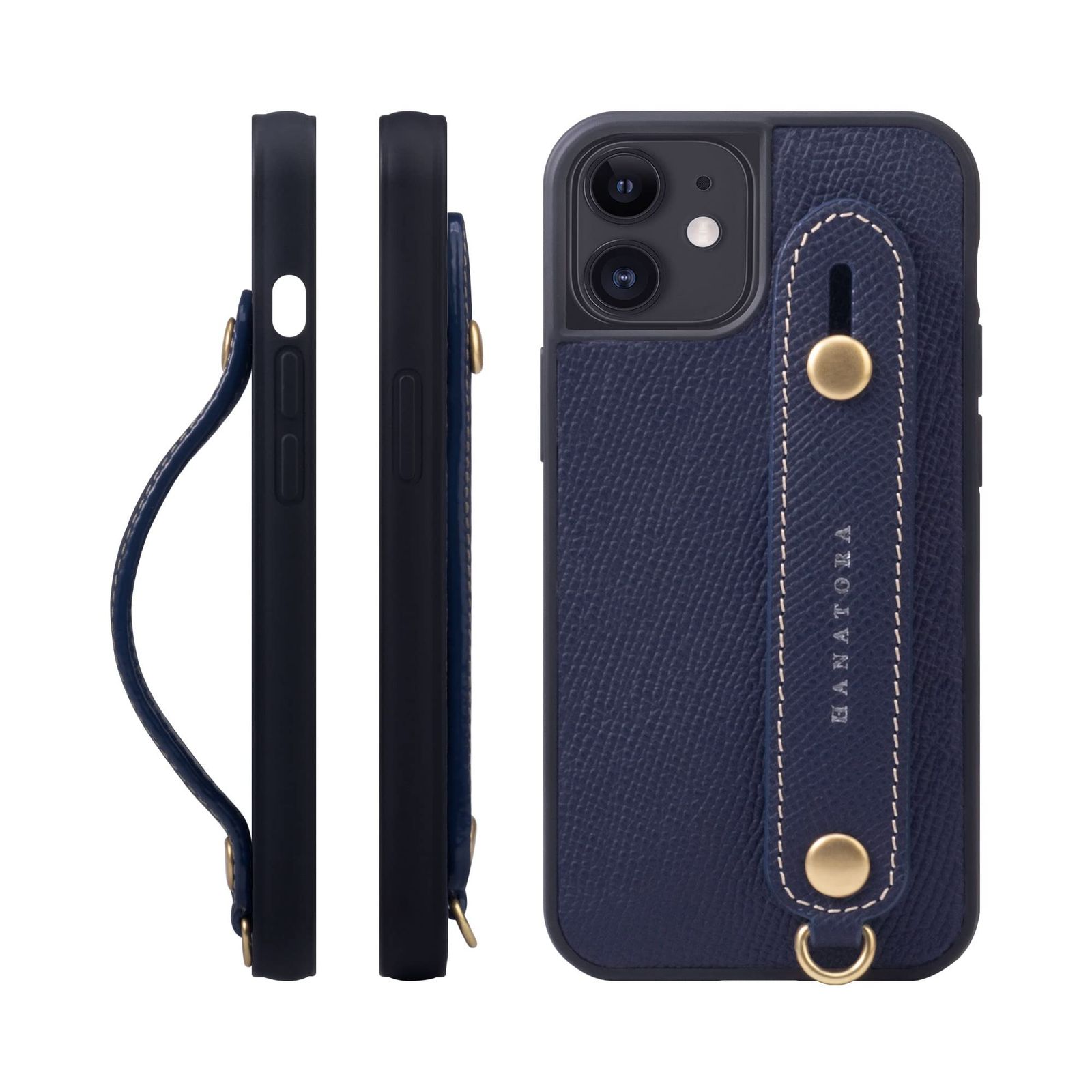 新品 HANATORA for iPhone 12mini ケース 本革 耐衝撃 背面ベルト スマホケース スマホ スタンド機能 ネック ストラップ 付き エンボスレザー ギフト マグネットなし ネイビー NGH-12Mini-Navy
