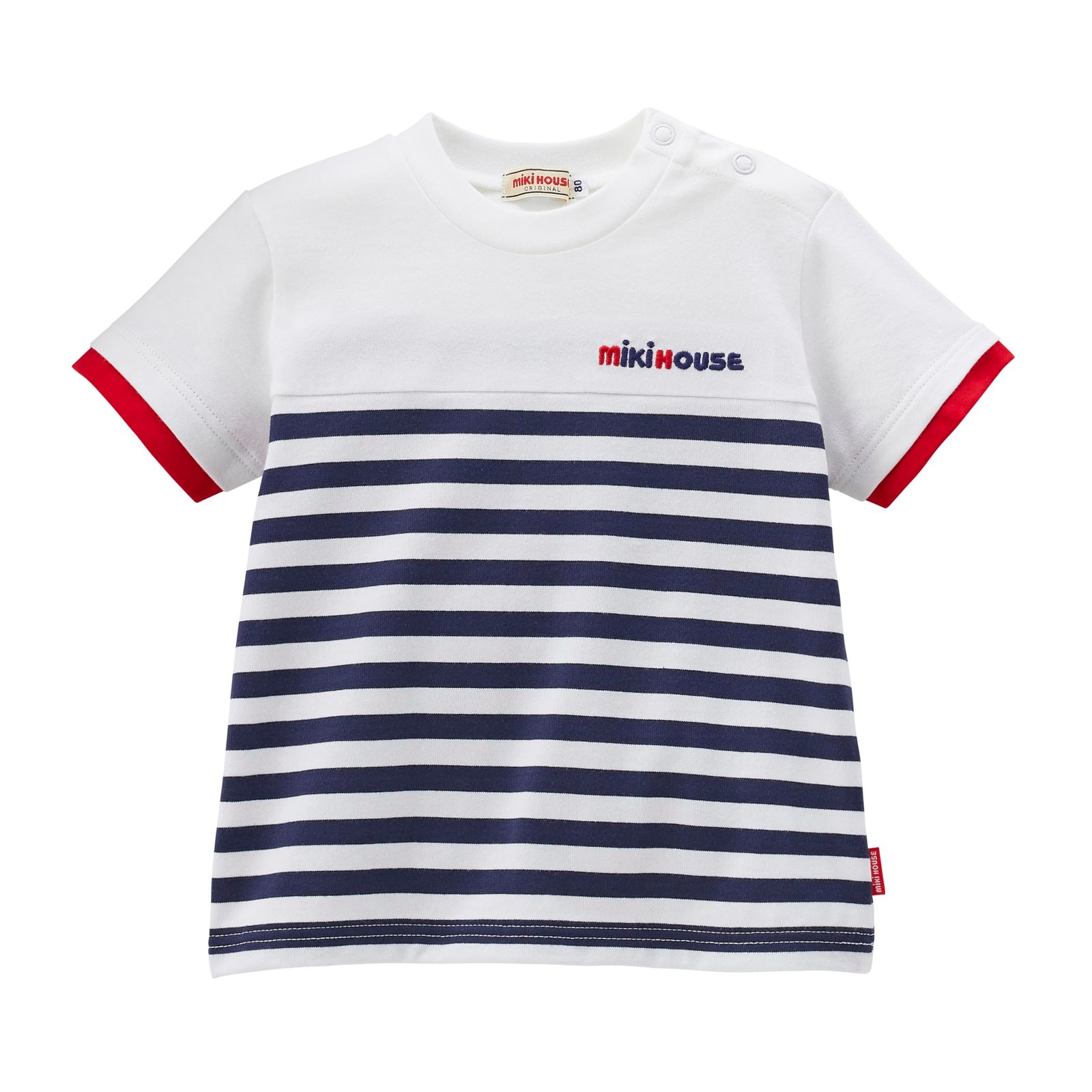 新品 [ミキハウス] 半袖Ｔシャツ ボーダー ロゴ シンプル 日本製 男の子 女の子 ベビー キッズ 子供服 通園 通学 10-5251-680 110cm 紺