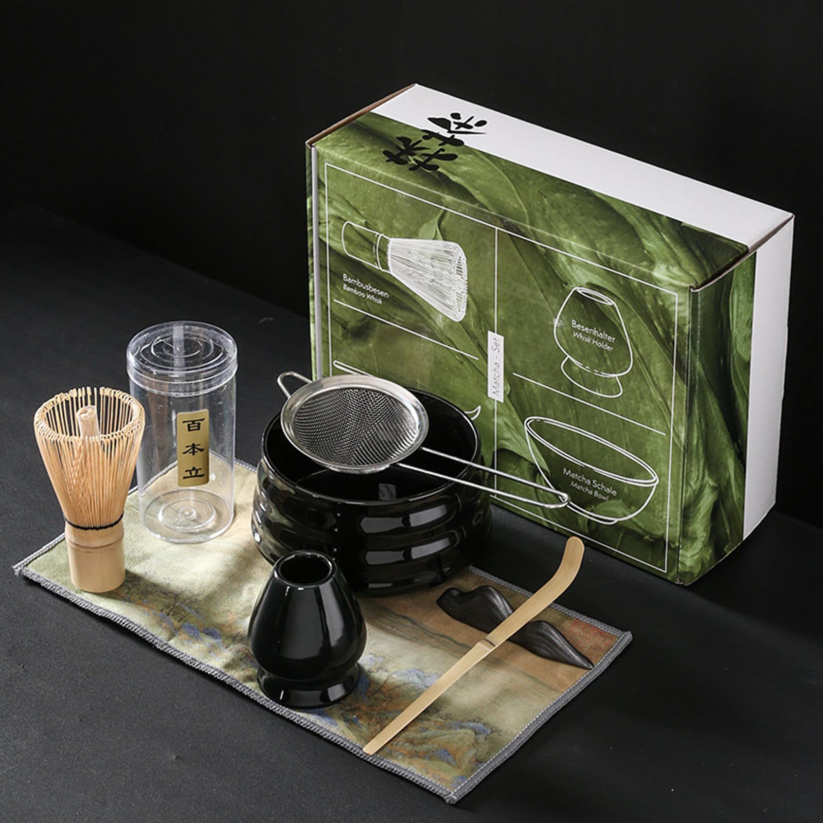 matcha set 抹茶茶碗 セット 茶道7点セット 茶道具 百本立 茶せん 竹製 茶筅・茶筅立て・茶杓・茶こし・抹茶茶碗 初心者向け お点前セット（ブラック）(沖縄・離島の方不可) b39f6a55