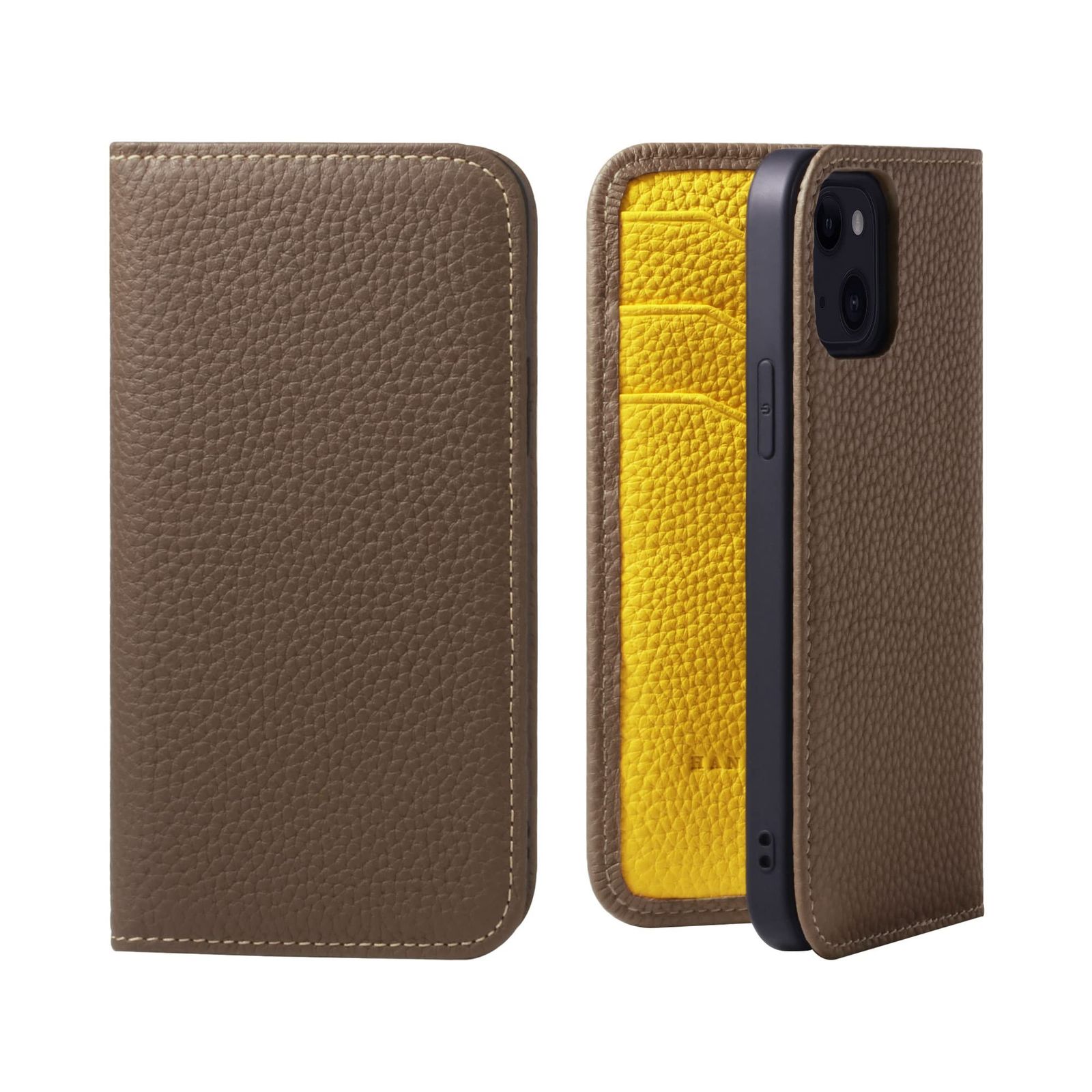 新品 HANATORA for iPhone 13 ケース 手帳型 本革 スマホケース スマホ スタンド コードホルダー 付き シュリンクカーフレザー マグネットなし トープ + イエロー PH-13-Taupe-YL ギフト 誕生日 女性 男性 彼女 お母さ