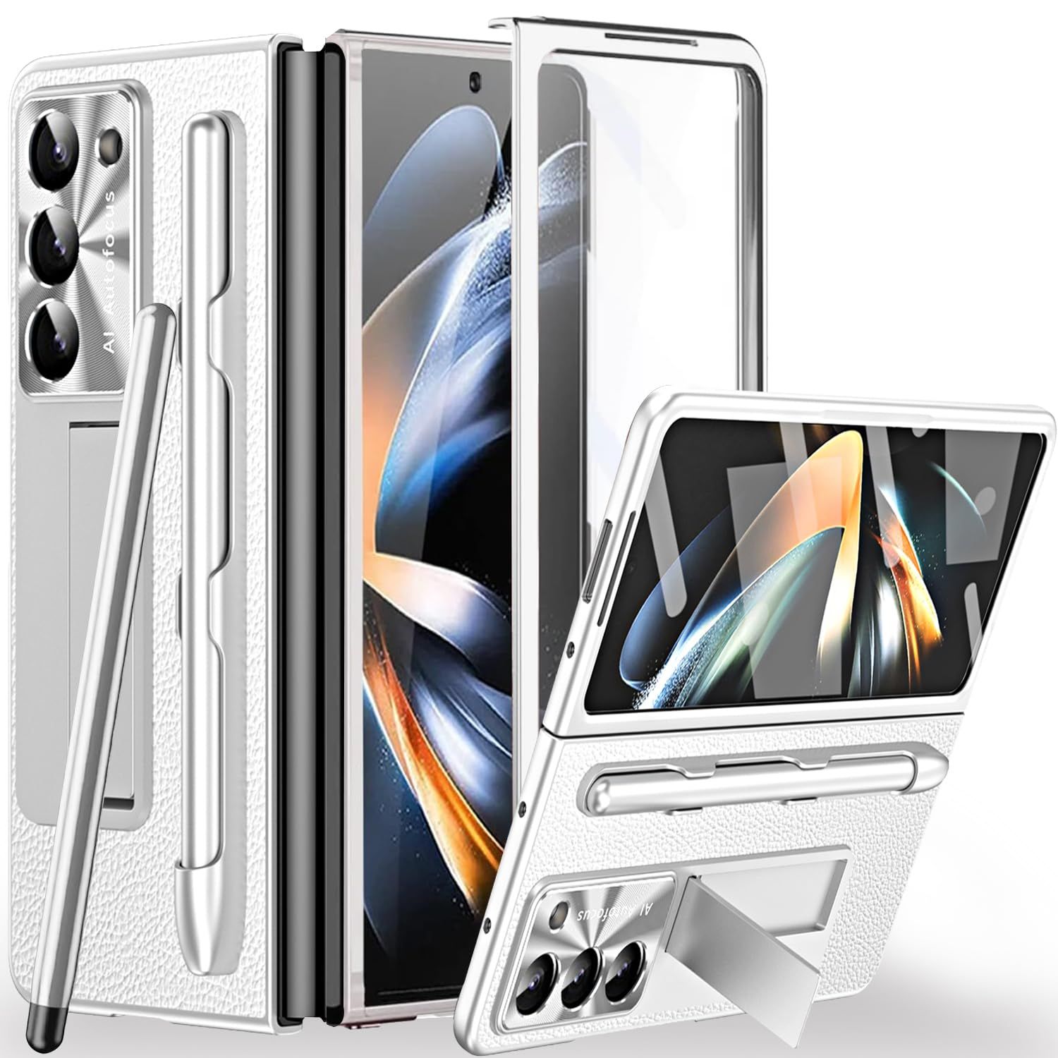 新品 Miimall Galaxy Z Fold 5専用ケース フイルム ペン付き（※非Sペン） PUレザー 高級 スタンド機能 ギャラクシー Z Fold 5 カバー 全面保護ケース スタンド PC材料 軽量 防衝撃 Z Fold 5カバー フイルム(シルバ