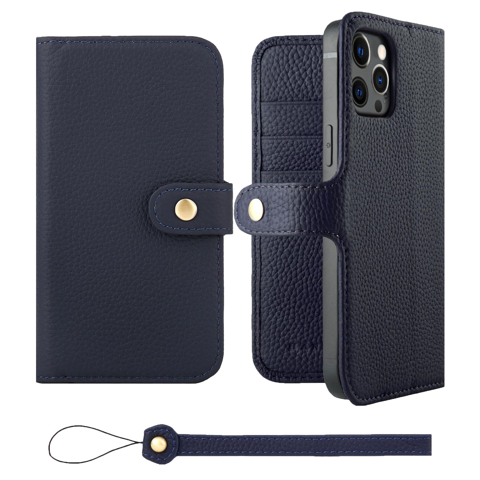 新品 HANATORA for iPhone 12ProMax ケース 手帳型 本革 スマホケース スマホ スタンド ストラップ 付き シュリンクカーフレザー ベルトあり マグネットなし ネイビー H0XB-12ProMax-Navy ギフト 誕生日 女性 男