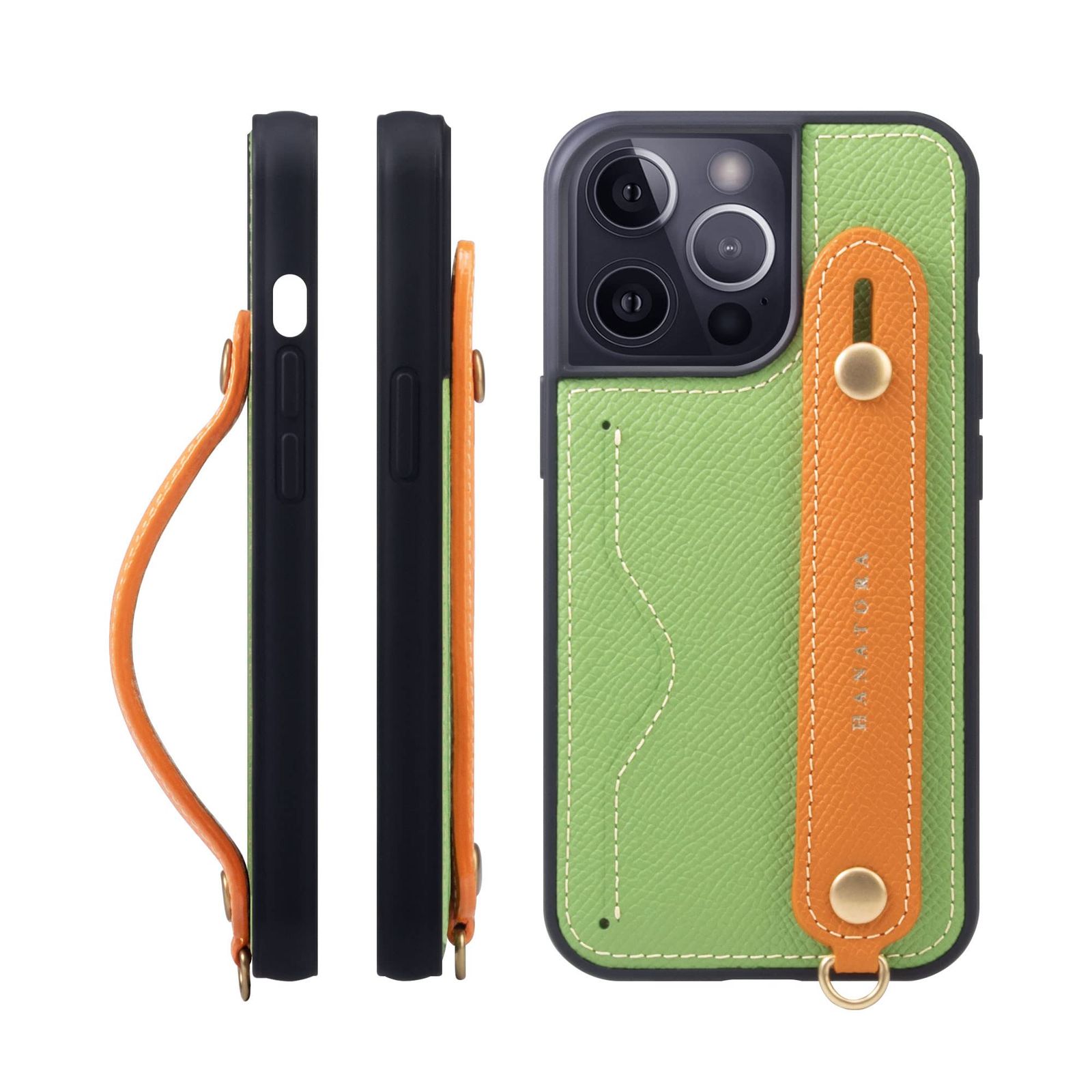 新品 HANATORA for iPhone 15Pro ケース 本革 耐衝撃 背面ベルト カードポケット スマホケース スマホ スタンド機能 ネック ストラップ 付き エンボスレザー ギフト マグネットなし ヴェールクリケット+オレンジ NCGH-15Pro