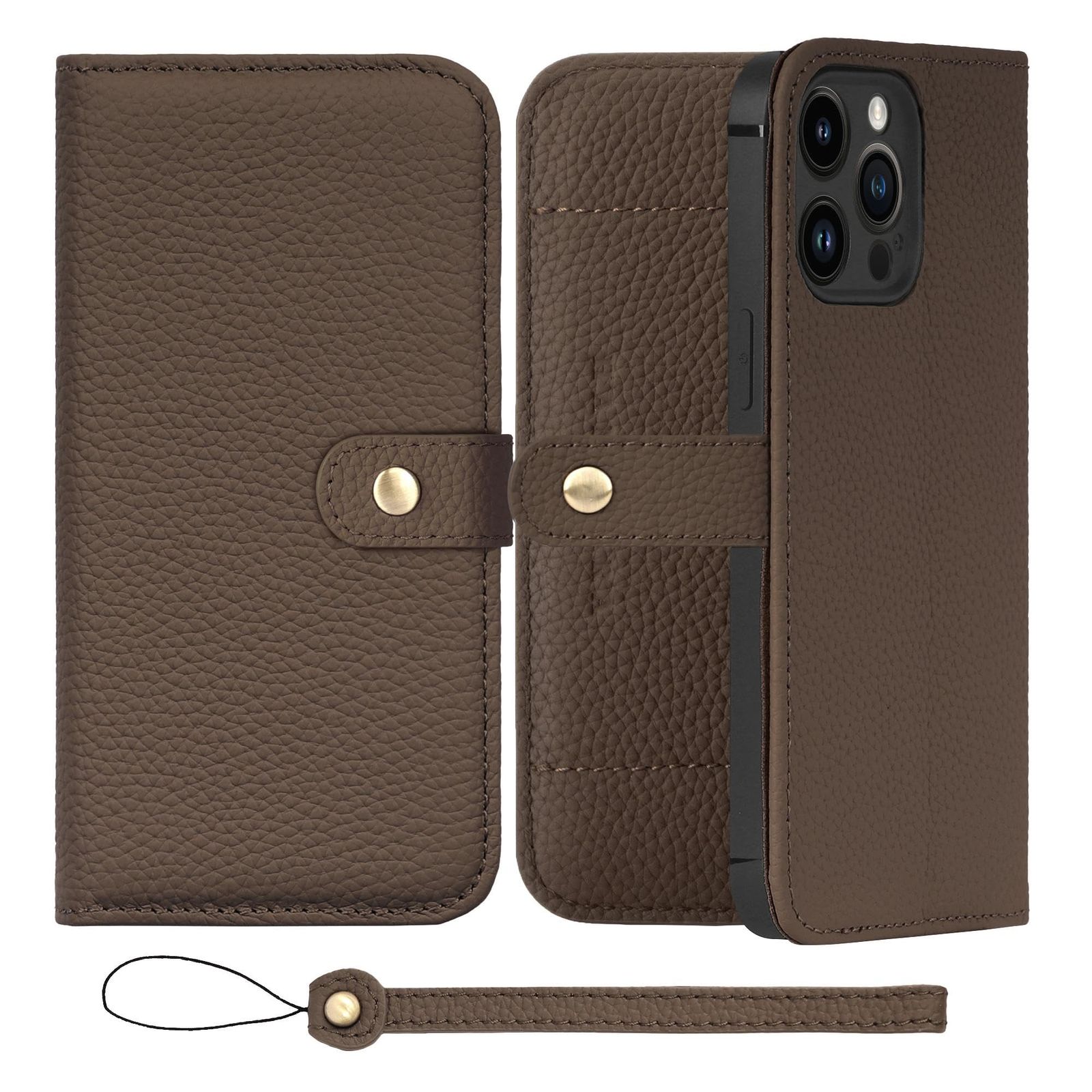 新品 HANATORA for iPhone 14ProMax ケース 手帳型 本革 スマホケース スマホ スタンド ストラップ 付き シュリンクカーフレザー ベルトあり マグネットなし トープ H1SPB-14ProMax-Taupe ギフト 誕生日 女性