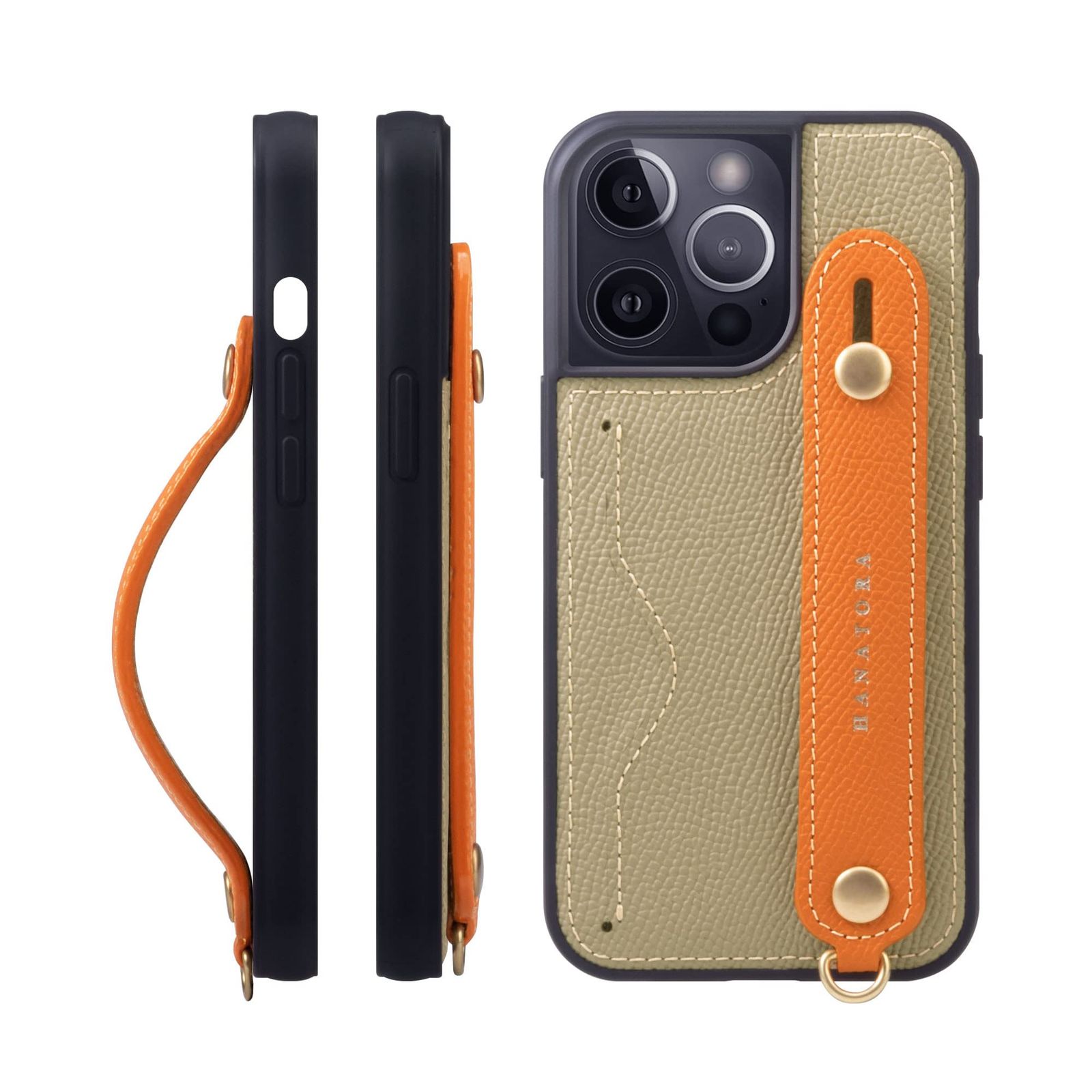 新品 HANATORA for iPhone 15Pro ケース 本革 耐衝撃 背面ベルト カードポケット スマホケース スマホ スタンド機能 ネック ストラップ 付き エンボスレザー ギフト マグネットなし グレージュ+オレンジ NCGH-15Pro-Gre
