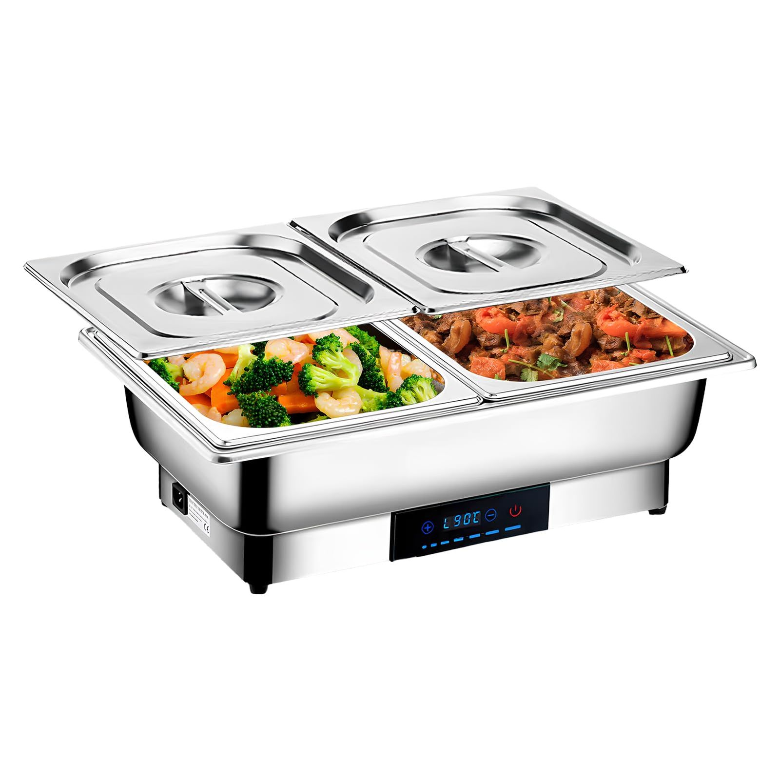 新品 ビュッフェサーバー チェーフィングディッシュ 湯煎式 chafing dish 13.5L food warm 平蓋 保温調理鍋 ステンレス製 温度調整加熱ウォーマー温度制御 保温トレイ 電気ミールストーブ100v (角型2連)